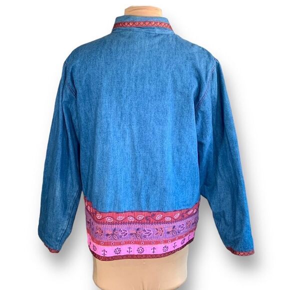 Vintage 90s Denim Jacket Pink Trim Medium Wash Floral Printed Shacket Large - Picture 4 of 15